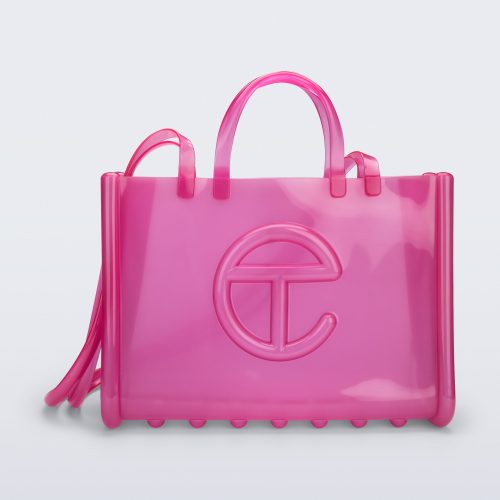 Front view of the pink Large Jelly Shopper x Telfar bag