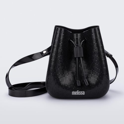 Front view of a black Lux bucket bag with drawstring and strap