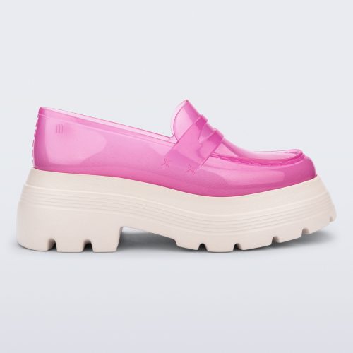 Side view of a transparent pink Royal High + Undercover platform loafer with beige sole.