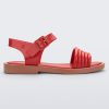 Side view of a red Mar Wave women's sandal with beige sole.