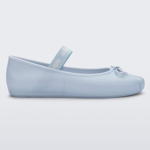 Side view of a Melissa Sophie ballet flat in blue with M-logo strap and bow applique