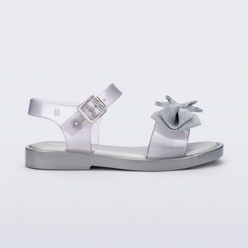 Side view of a  pearly silver Mar Sweet kids sandal