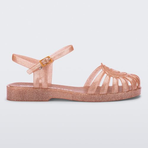 Side view of a glitter orange Sandal + Bimba y Lola with ankle strap