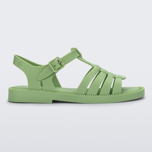 Side view of a matte green Possession Fresh fisherman style sandal with open toe