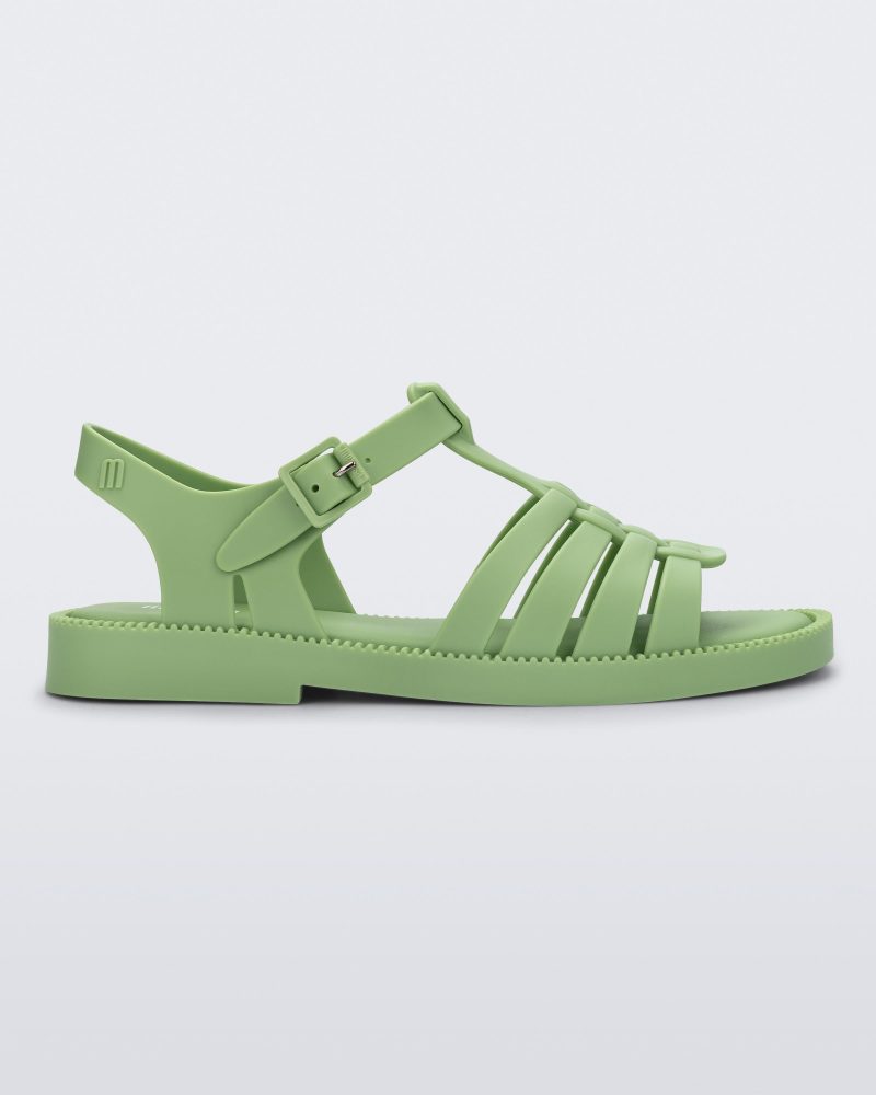 Side view of a matte green Possession Fresh fisherman style sandal with open toe