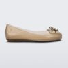 Side view of a glitter beige Mini Melissa Sweet Love Butterfly flat with a gold butterfly detail on the toe