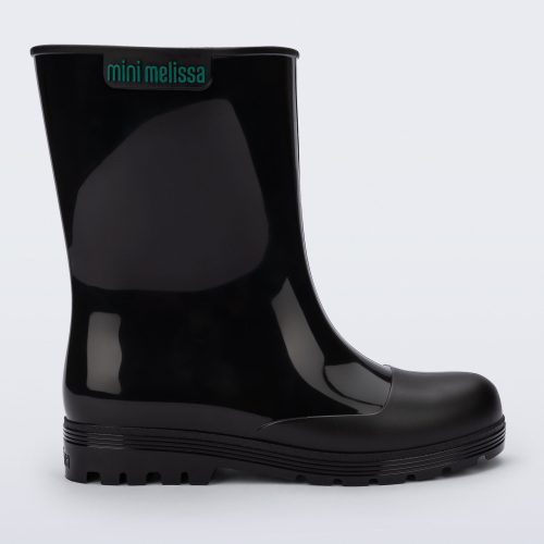 Side view of a black kids Welly rainboot