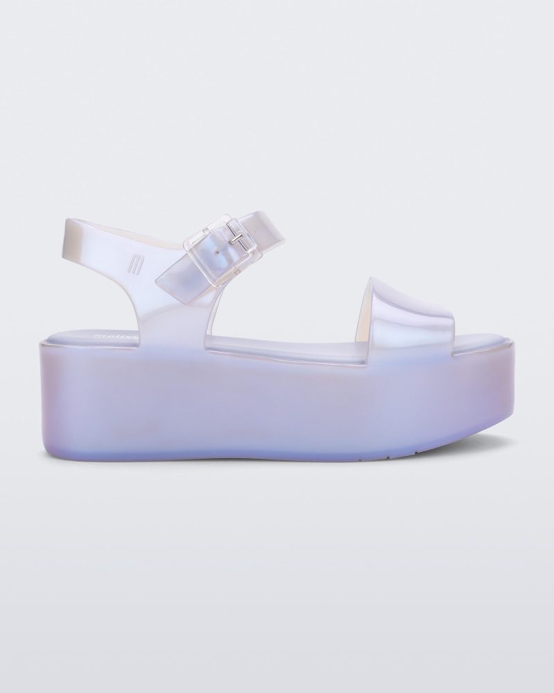 Side view of a pearly blue Melissa Mar Platform sandal with two straps.