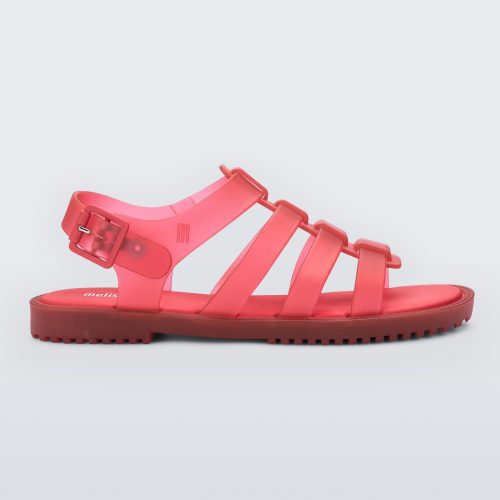 Side view of a red Melissa Flox sandal with straps.