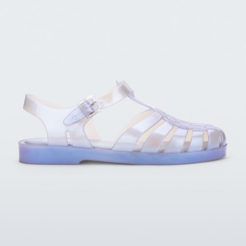 Side view of a pearly blue Melissa Possession sandal with a fisherman sandal design