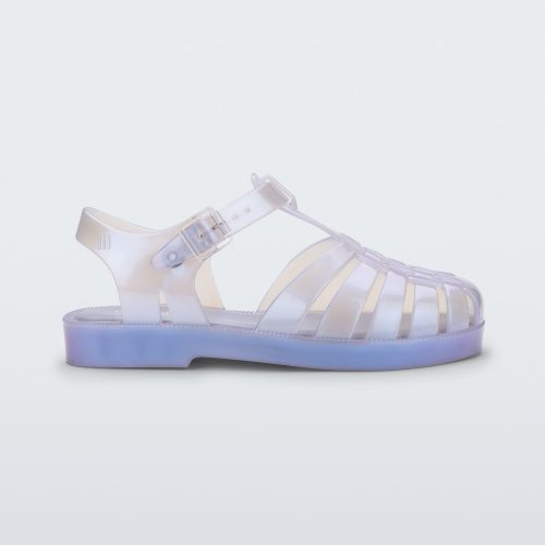 Side view of a pearly blue Mini Melissa Possession sandal with a fisherman sandal design