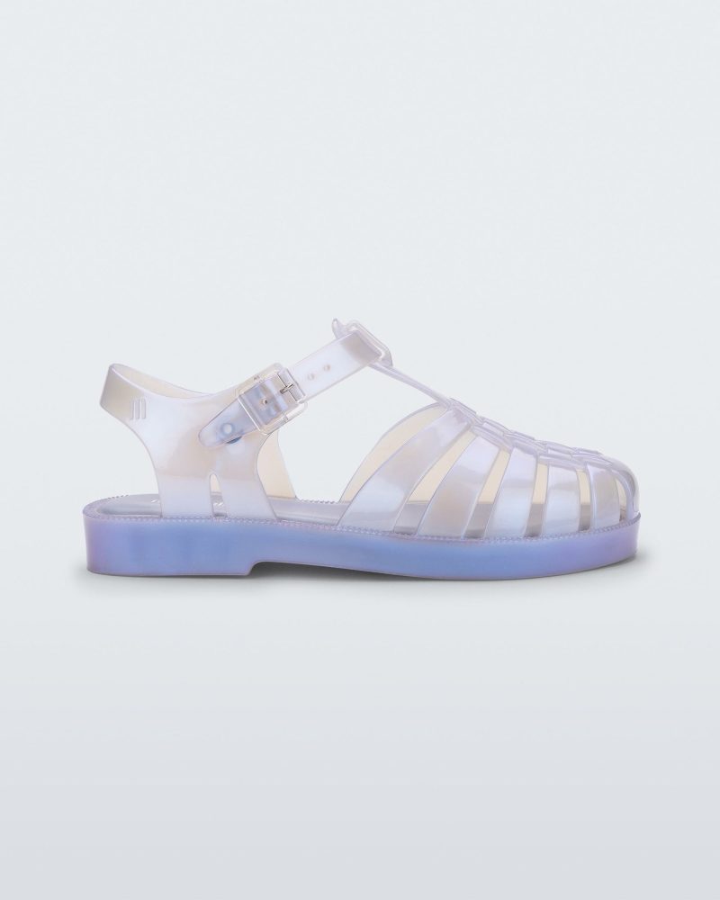 Side view of a pearly blue Mini Melissa Possession sandal with a fisherman sandal design