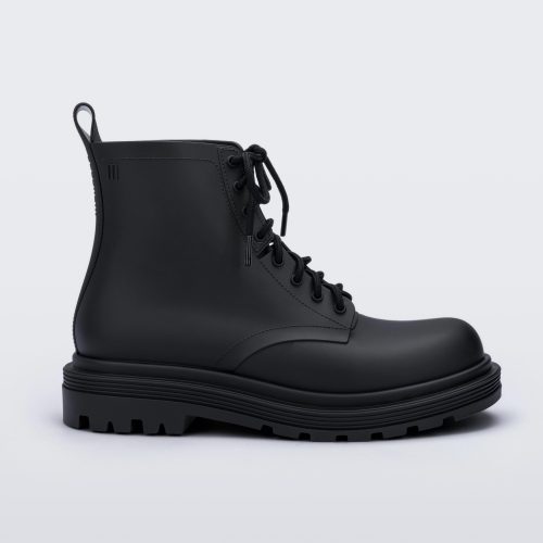 Side view of a matte black Melissa Coturno boots with a black base, laces and sole.