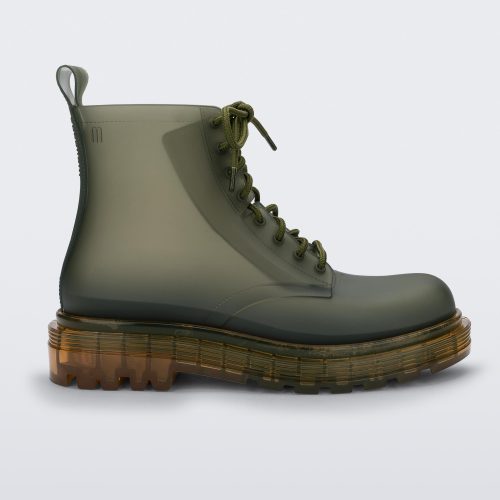 Side view of a clear green/yellow Melissa Coturno boot with a green base, laces and a yellow sole.