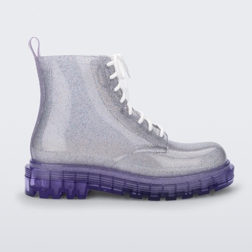 Side view of a lilac/silver glitter Melissa Coturno with a clear silver glitter base, white laces and a lilac sole.