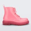 Side view of a pair of clear pink/pink Melissa Coturno boots with a pink base, laces and sole.