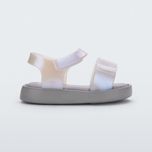 Side view of a pearly blue Mini Melissa Jump baby sandal.