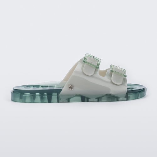 Side view of a Melissa Wide slide sandal with green sole and two grey/green front straps