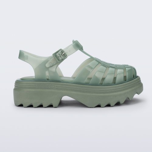 Side view of a green Possession Platform II sandal.