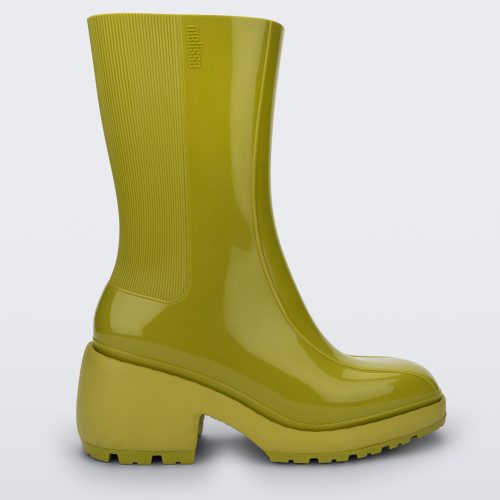 Side view of a green Melissa Nancy rain boot.