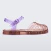 Side view of a transparent pink and purple Melissa Obsessed sandal.