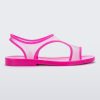 Side view of a transparent neon pink Melissa Bikini Sandal with two transparent pink straps conjoining in the middle and a pink insole.