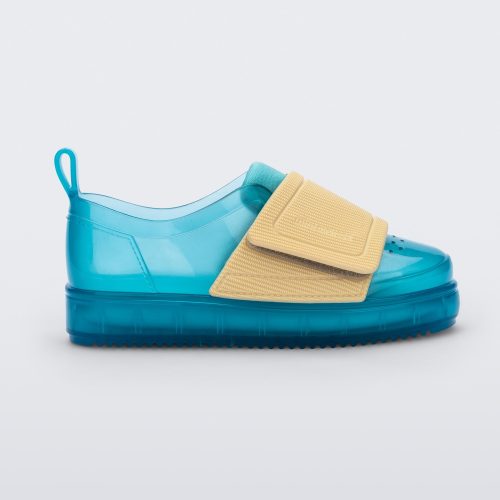 Side view of a blue/yellow Mini Melissa Jelly Pop Sneakers with a blue base and a yellow velcro strap.