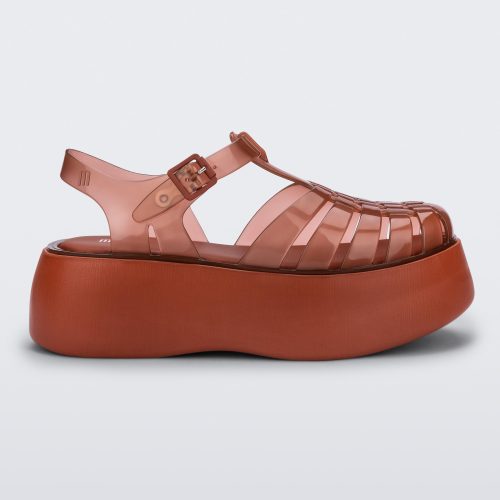 Side view of a brown Melissa Possession Platform sandal with several straps and a closed toe front.