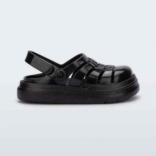 Side view of a black Mini Melissa Sunday sandal with woven closed toe front and back ankle strap.