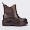 Side view of a clear glitter Melissa Grip multicolor glitter short rain boots.