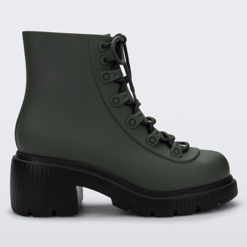 Side view of a green/black Melissa Cosmo boot.