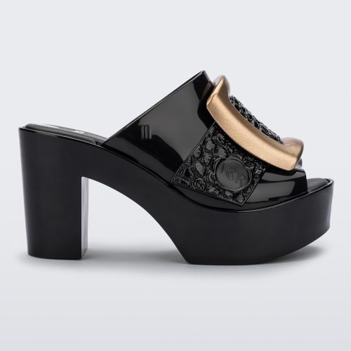 Side view of black Meilssa Buckle Up platform heel mule with gold buckle..