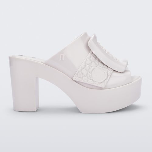 Side view of white Meilssa Buckle Up platform heel mule..