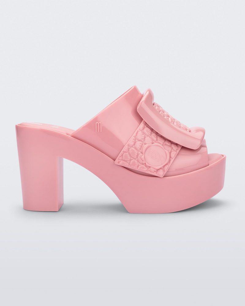 Side view of pink Meilssa Buckle Up platform heel mule..