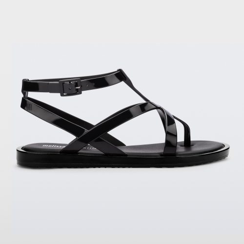 Side view of a black Melissa Cancun sandal with several straps.