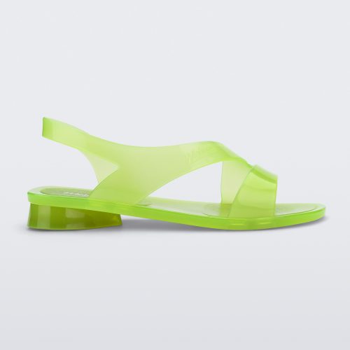 Side view of a green Melissa The Real Jelly Paris sandal with two front straps and an ankle strap.