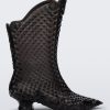 Side view of a clear black Melissa Court Boot with a short heel, heart detail on the front and a checkered pattern texture.