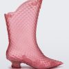 Side view of a clear pink Melissa Court Boots with a short heel, heart detail on the front and a checkered pattern texture.