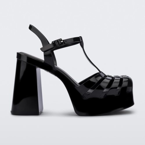 Side view of a black Melissa Party Heel with several straps and a closed toe front.