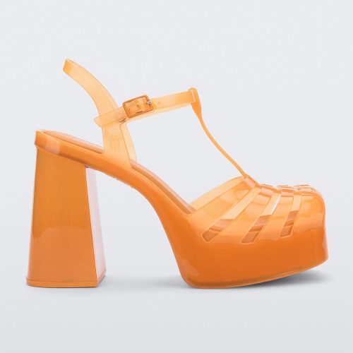 Side view of an orange Melissa Party Heel with several straps and a closed toe front.