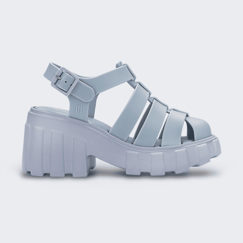 Side view of the Melissa Megan platform sandal in light blue