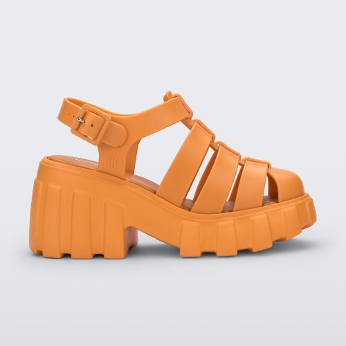 Side view of a orange Melissa Megan platform heel sandal.