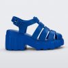 Side view of a blue Melissa Megan platform heel sandal.