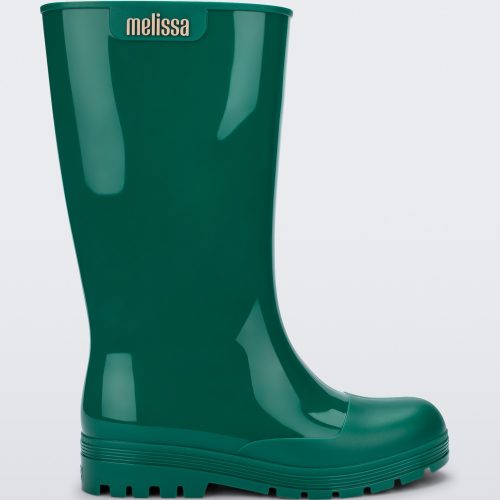 Side view of a green Melissa Welly boot.