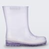 Side view of a clear kids Melissa Welly boot.