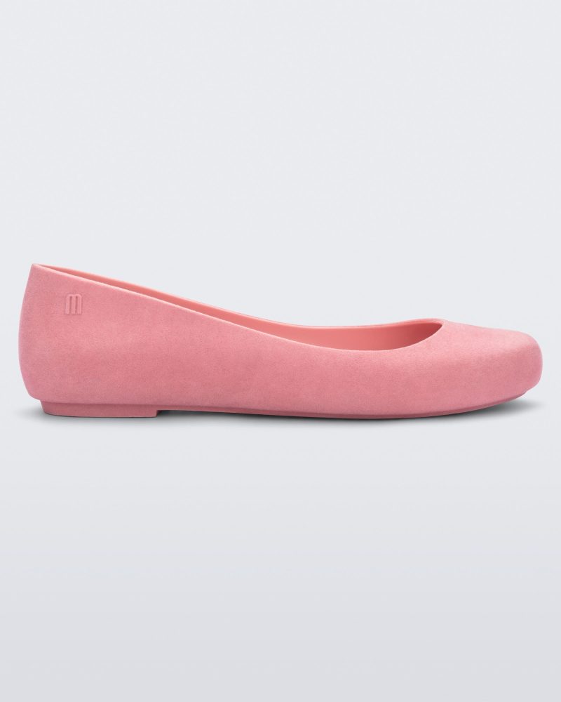 Side view of a pink flocked Melissa Sweet Love Basic Velvet flat.