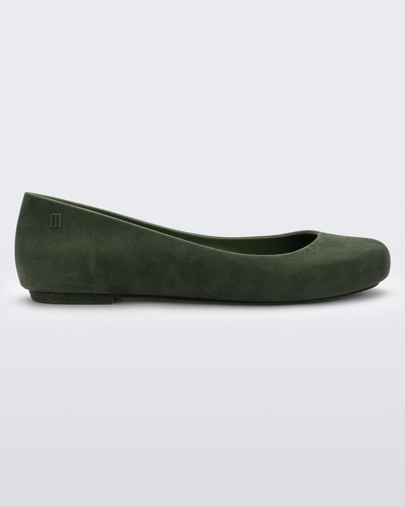 Side view of a green flocked Melissa Sweet Love Basic Velvet flat.