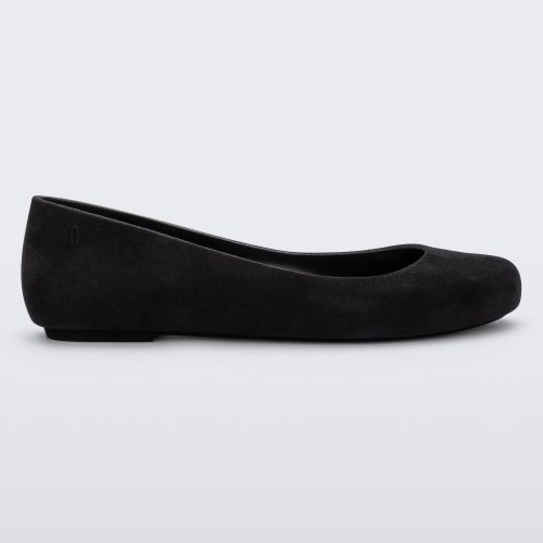 Side view of a black flocked Melissa Sweet Love Basic Velvet flat.