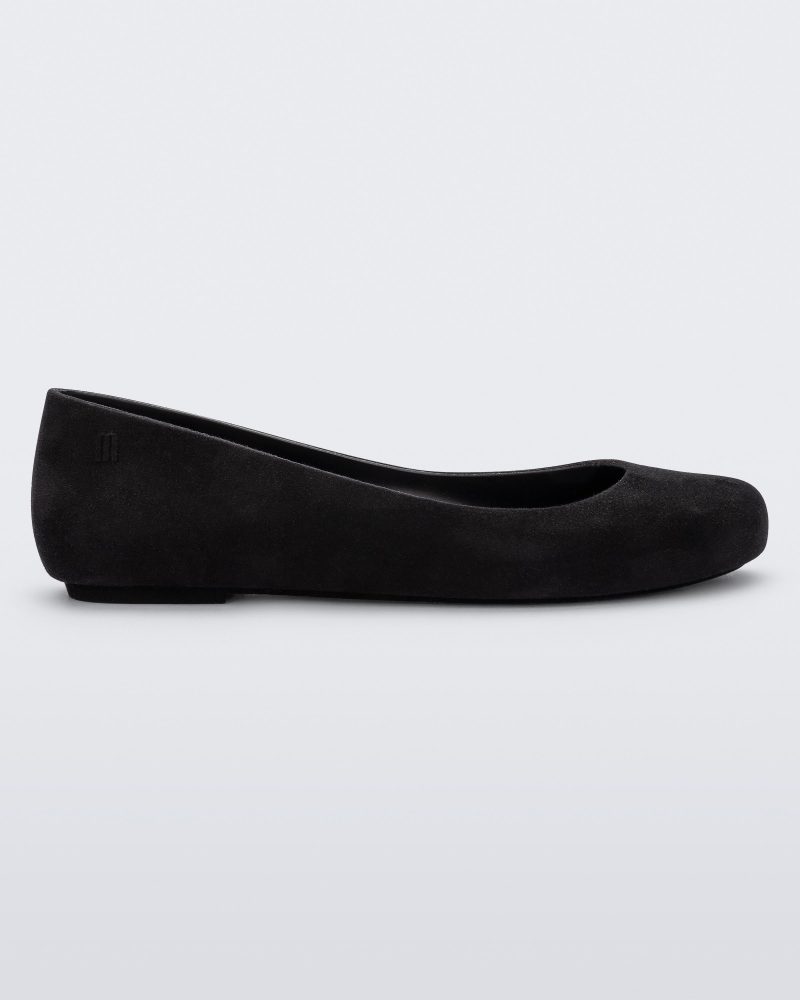 Side view of a black flocked Melissa Sweet Love Basic Velvet flat.