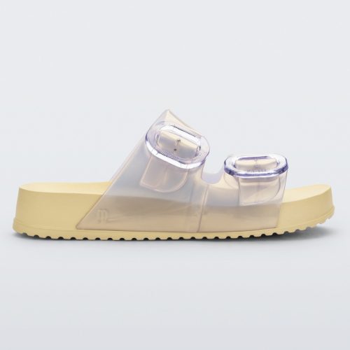 Side view of pearly yellow Cozy slide with two buckle straps.